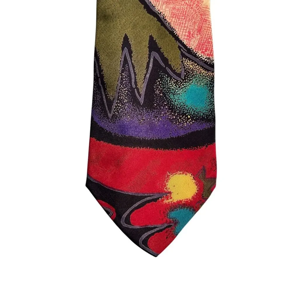 Vintage Bugle Boy Men's Tie Red Multicolor Abstract USA Polyester Necktie